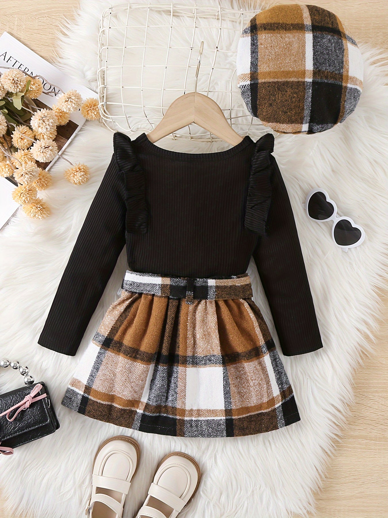 1 Set Girl's Ruffled Long-Sleeve Ribbed Top + Plaid Skirt - Spring & Fall Daily Comfy Outdoor Casual Outfit, As Gift