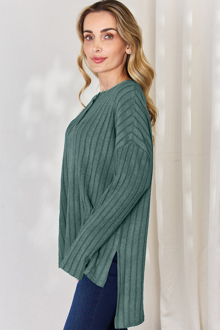 Basic Bae Full Size Ribbed Half Button Long Sleeve High-Low T-Shirt - MyEmpired