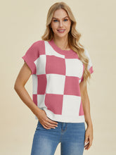 Double Take Full Size Checkered Round Neck Short Sleeve Sweater - MyEmpired