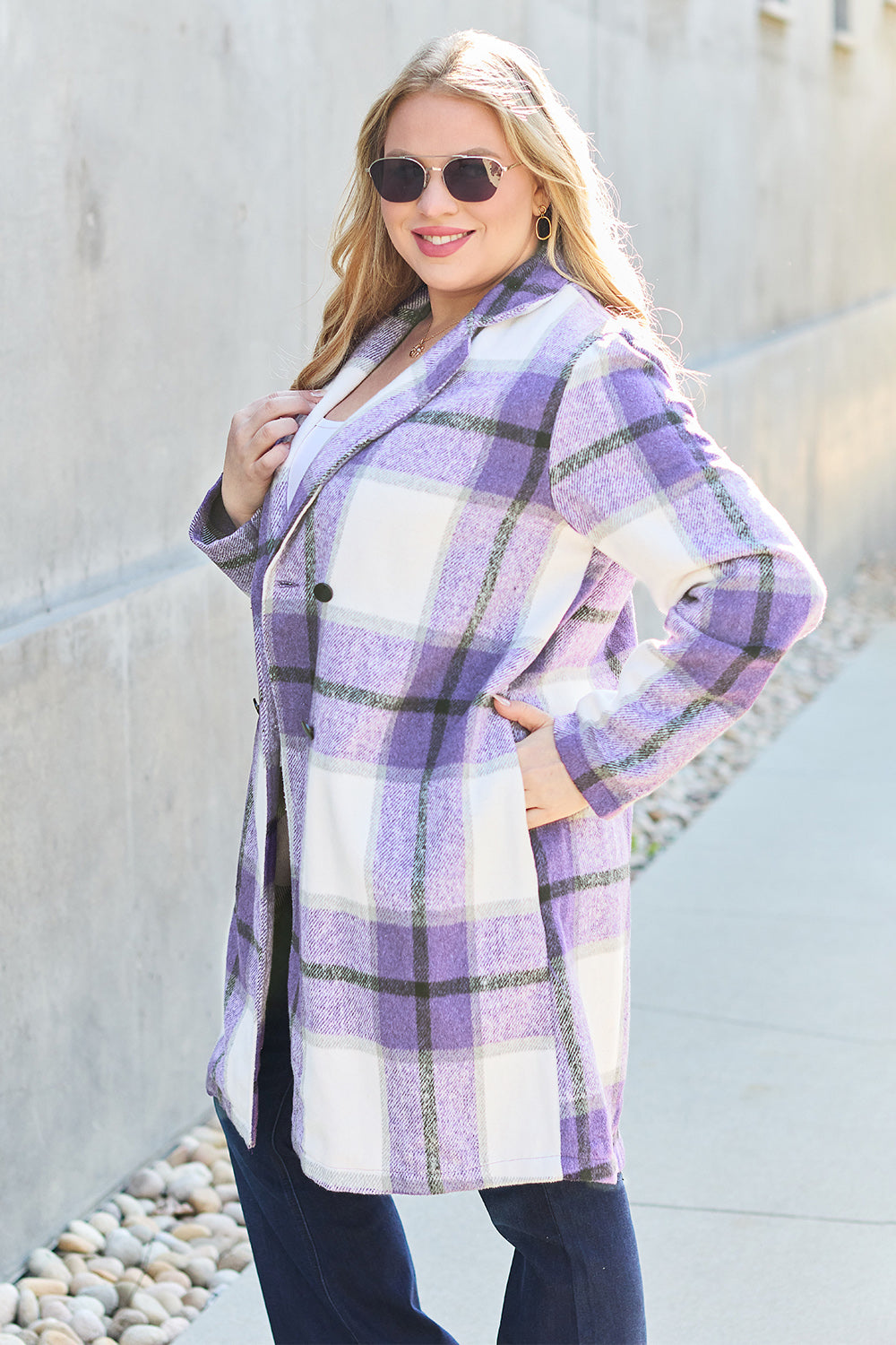 Double Take Full Size Plaid Button Up Lapel Collar Coat - MyEmpired