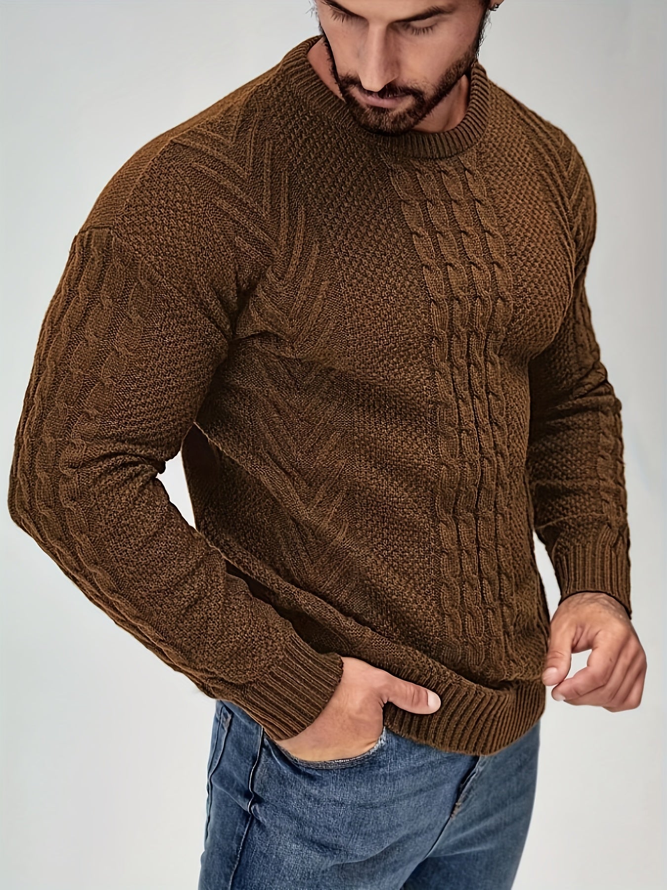 Men's Solid Striped Knitted Pullover, Casual Long Sleeve Crew Neck Sweater For Fall Winter