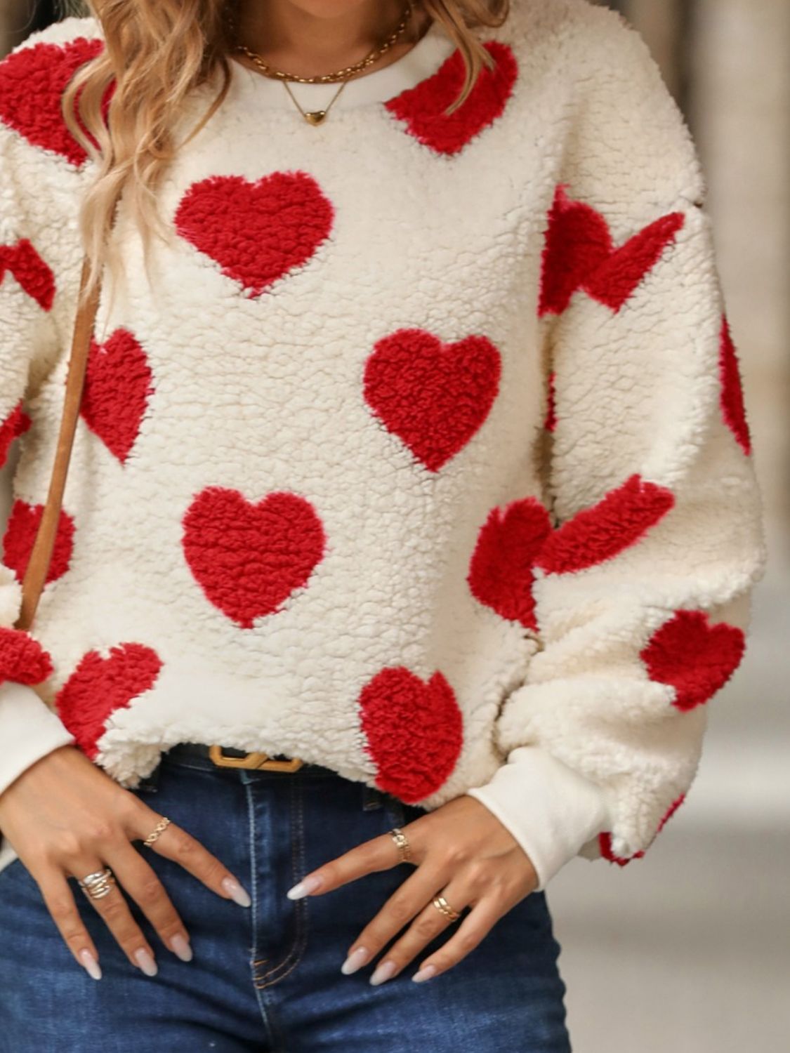 Fuzzy Heart Dropped Shoulder Sweatshirt - MyEmpired