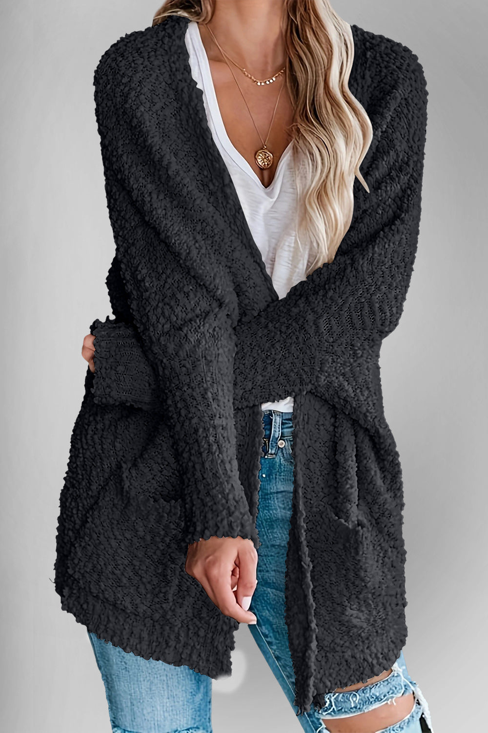 Double Take Pocketed Open Front Long Sleeve Cardigan - MyEmpired
