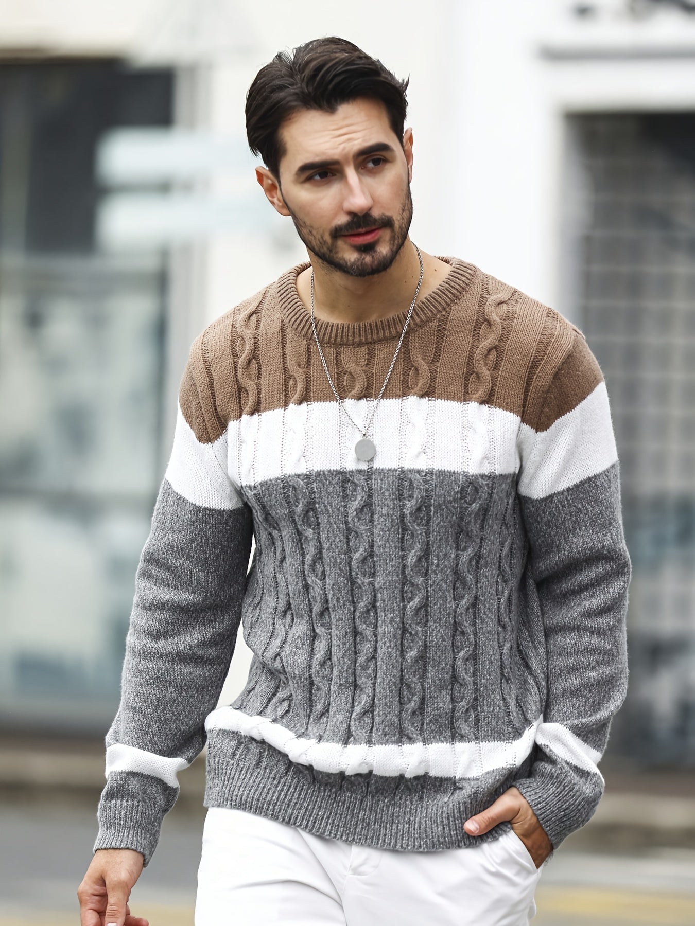 Men's Color Blocking Textured Knit Sweater For Autumn And Winter, Casual Business Trendy Pullover As Gift, Outdoor Cloth