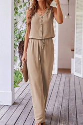 Button Down Vest and Drawstring Wide Leg Pants Set - MyEmpired