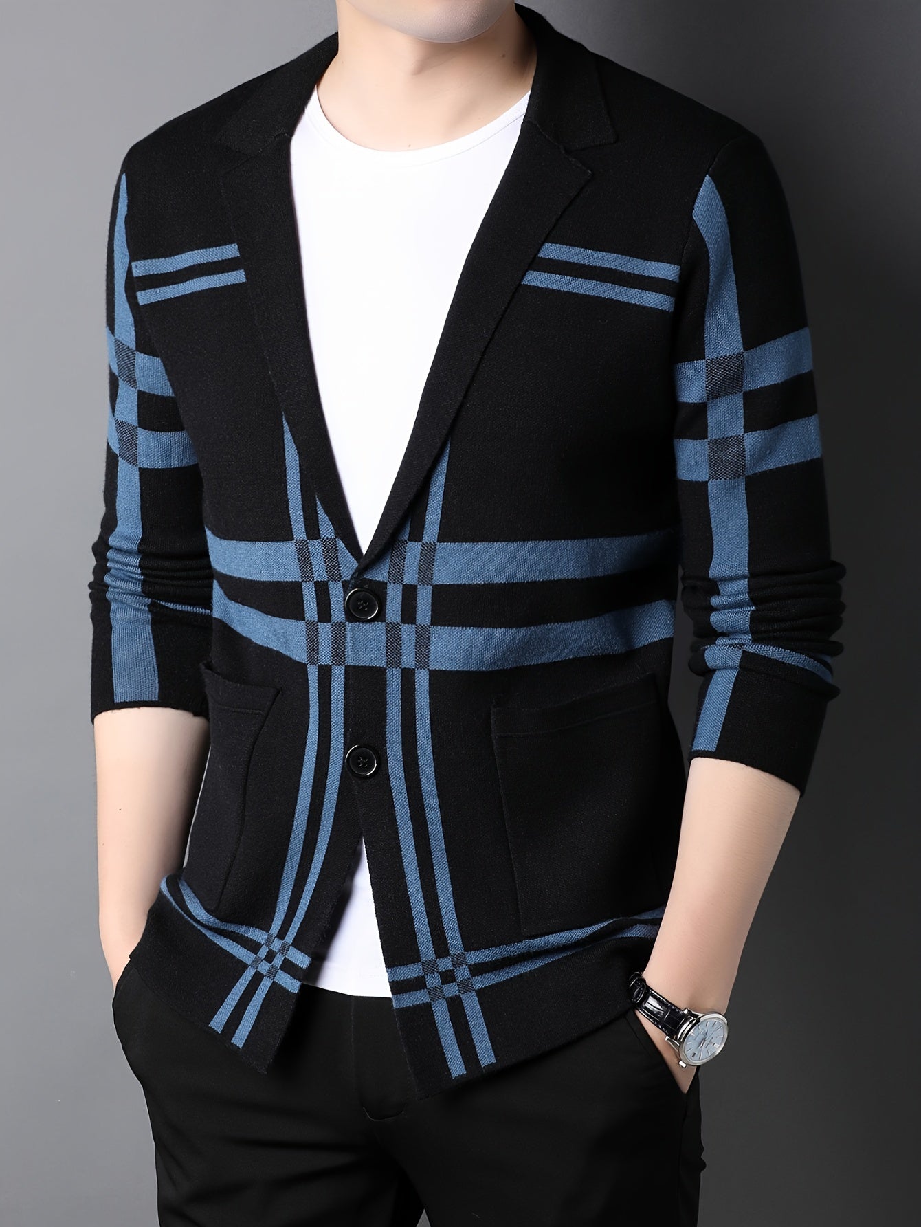 Men's Striped Knit Cardigan - Casual & Business-Ready, Button-Up with Lapel Collar for Fall/Winter, for Autumn, Spring