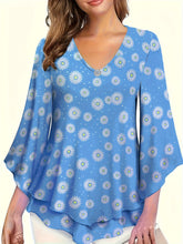 Solid Color V-neck Blouse, Casual Flare Sleeve Layered Hem Top For Spring & Fall, Women&