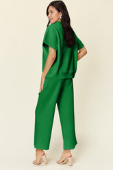 Double Take Full Size Texture Half Zip Short Sleeve Top and Pants Set - MyEmpired