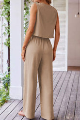 Button Down Vest and Drawstring Wide Leg Pants Set - MyEmpired