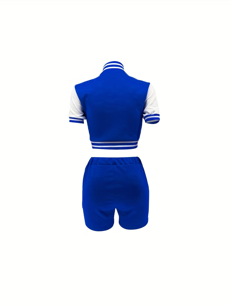 Letter Print Matching Two-piece Set, Color Block Jacket & Elastic Shorts Outfits, Women&