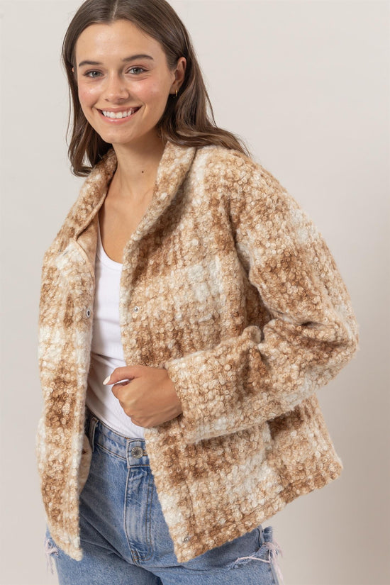 HYFVE Plaid Collared Neck Boucle Jacket with Pockets - MyEmpired