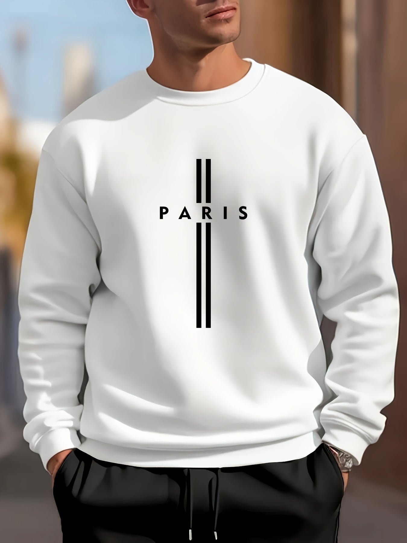 PARIS Letter Print Men's Crew Neck Long Sleeve Sweatshirt, Trendy Pullover Sweatshirt, Casual Comfy Versatile Top For Spring & Autumn, Outdoor Sports