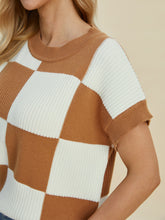 Double Take Full Size Checkered Round Neck Short Sleeve Sweater - MyEmpired