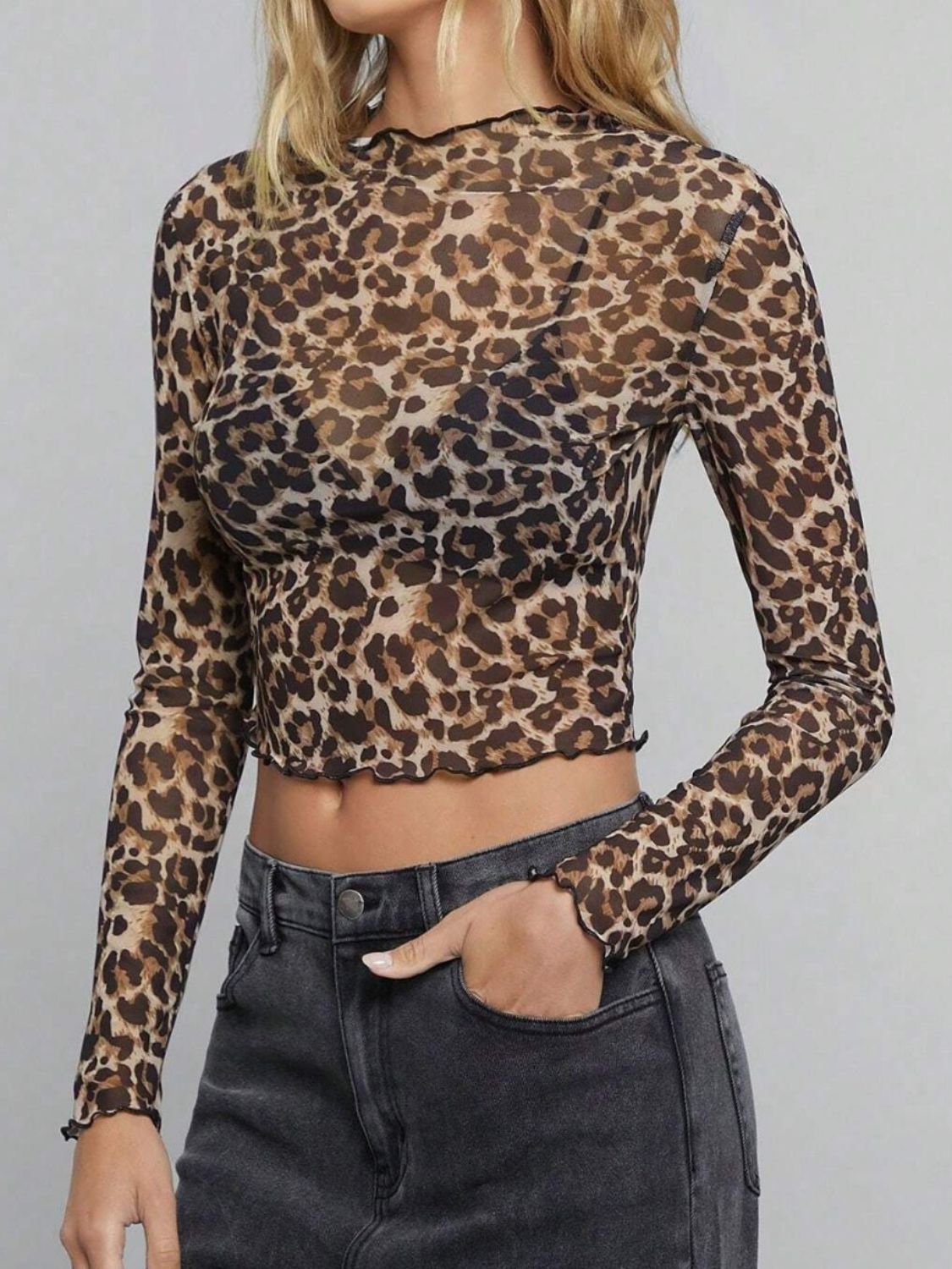 Leopard Mock Neck Long Sleeve Sheer Top - MyEmpired
