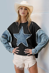 Double Take Raw Edge Star Contrast Sweatshirt - MyEmpired