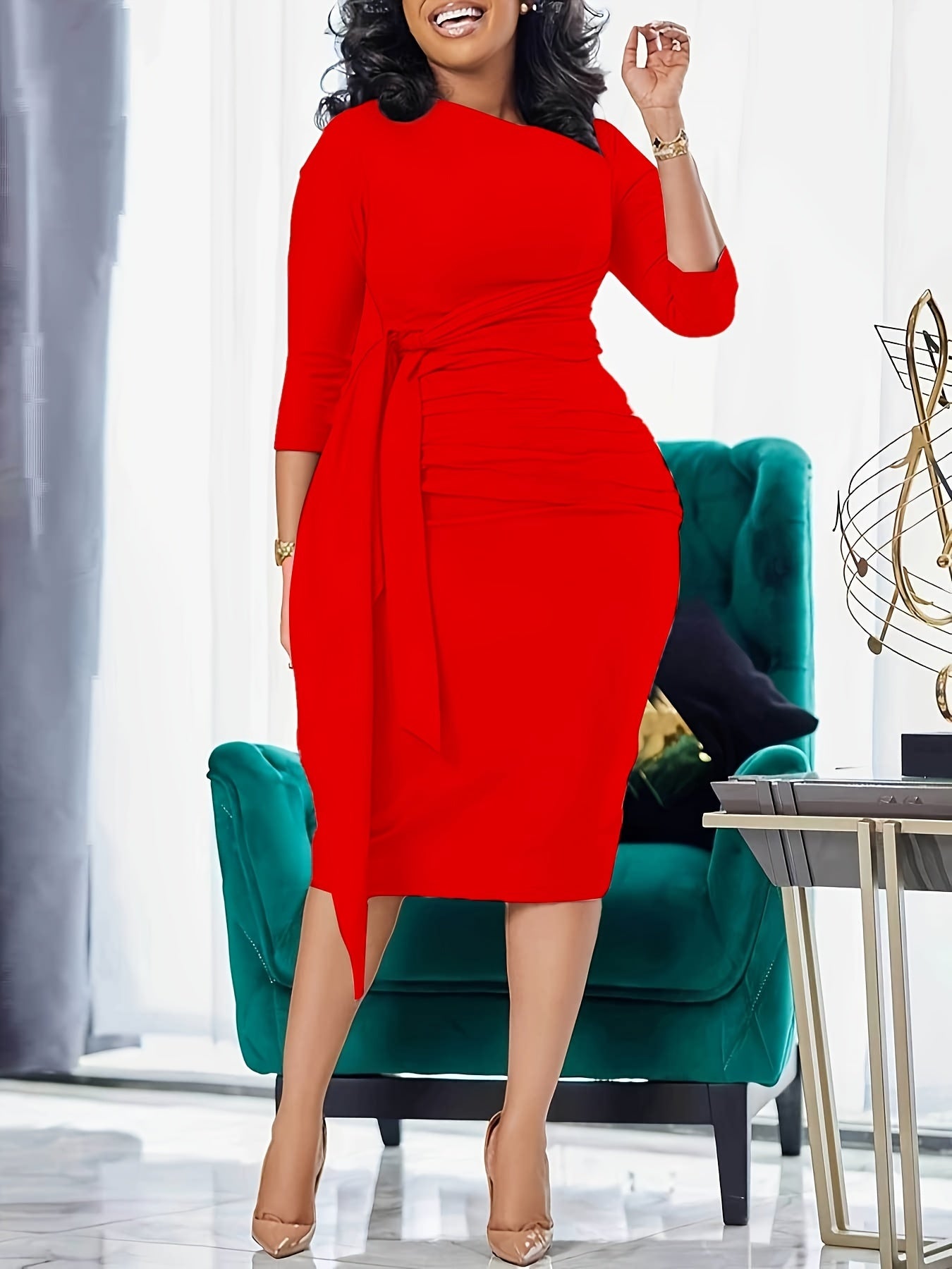 Crew Neck Sash Sheath Dress - MyEmpired