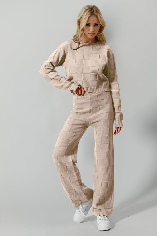 Double Take Full Size Checkered Round Neck Top and Pants Set - MyEmpired