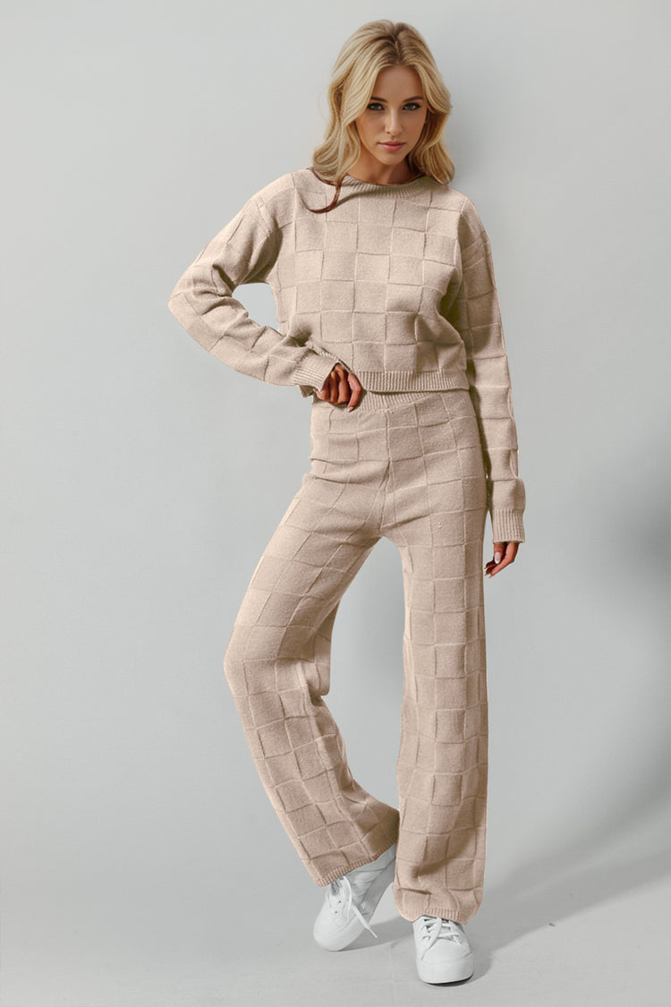 Double Take Full Size Checkered Round Neck Top and Pants Set - MyEmpired