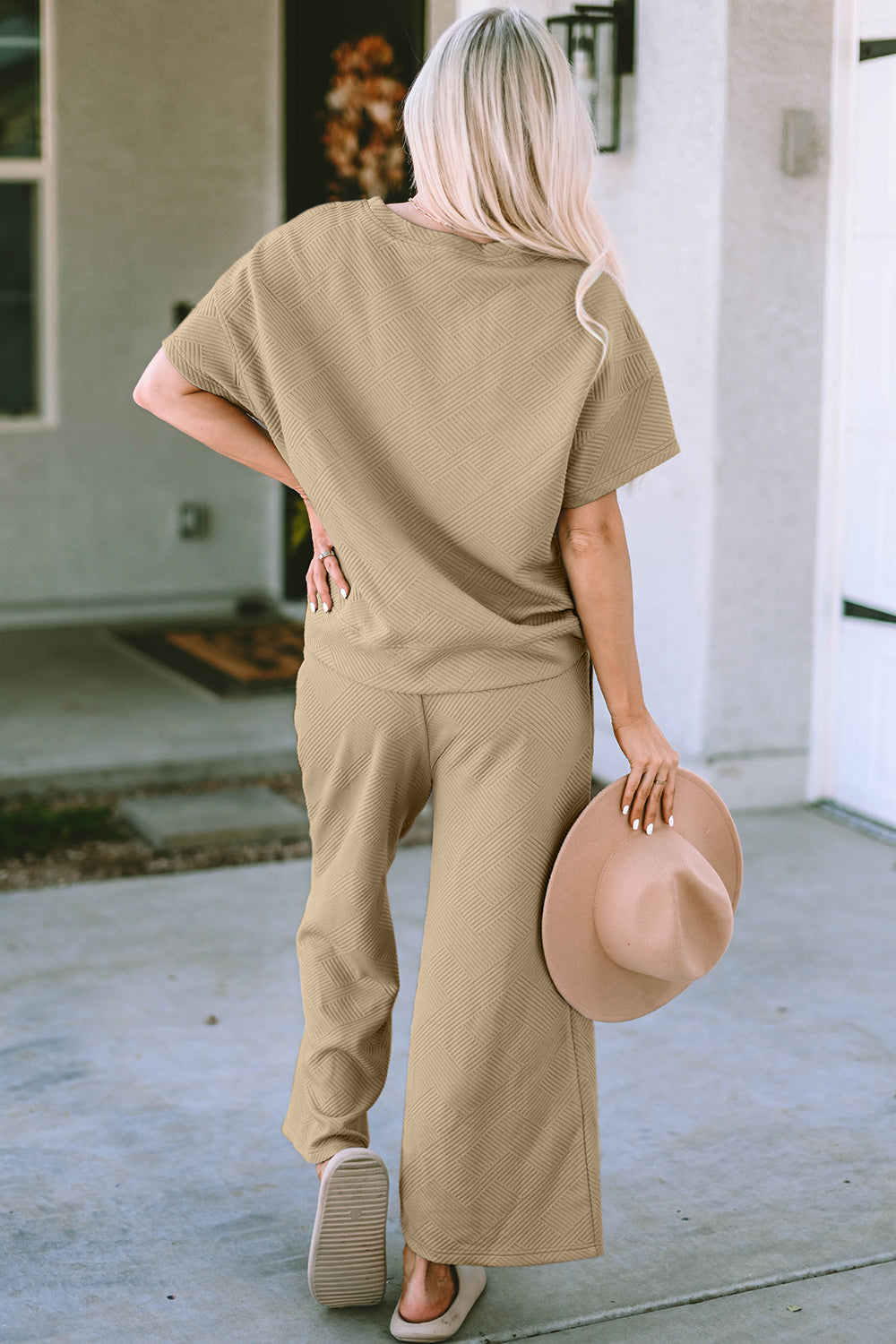 Double Take Full Size Texture Short Sleeve Top and Pants Set - MyEmpired