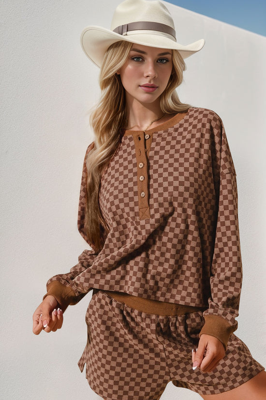 Double Take Checkered Half Button Top and Shorts Set - MyEmpired