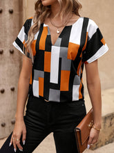 Geo Print Notched Neck Blouse, Elegant Short Sleeve Blouse For Spring & Summer, Women&