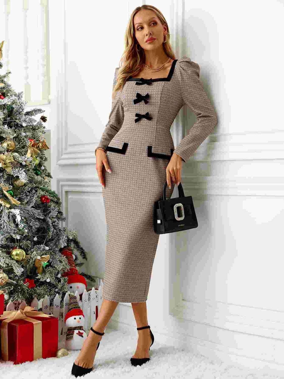 Bow Plaid Square Neck Puff Sleeve Dress - MyEmpired