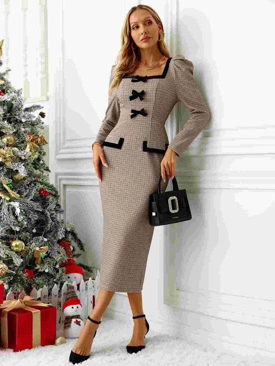 Bow Plaid Square Neck Puff Sleeve Dress - MyEmpired