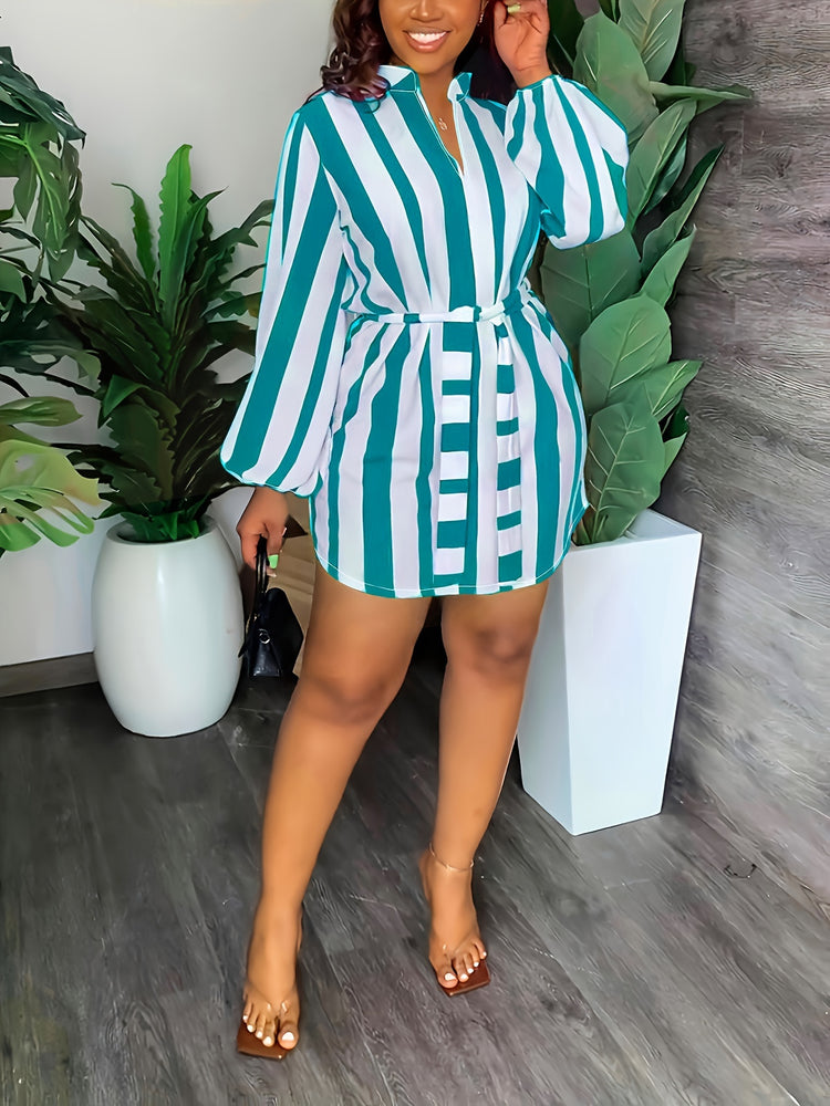 Striped Print Lantern Sleeve Dress, Casual Tie-waist Notch Neck Dress, Women&