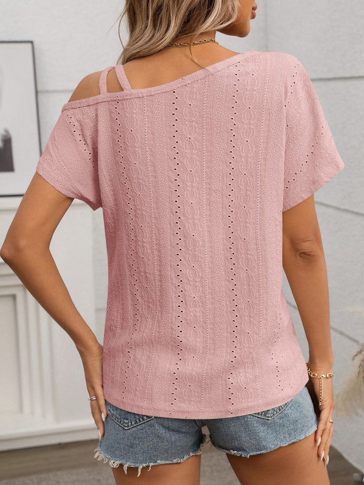 Eyelet Asymmetrical Shoulder Short Sleeve T-Shirt - MyEmpired