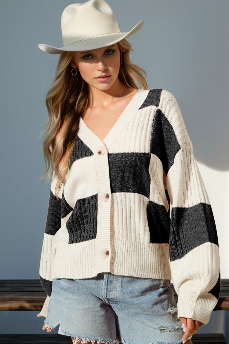 Double Take Full Size Checkered Dropped Shoulder Cardigan - MyEmpired