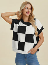 Double Take Full Size Checkered Round Neck Short Sleeve Sweater - MyEmpired