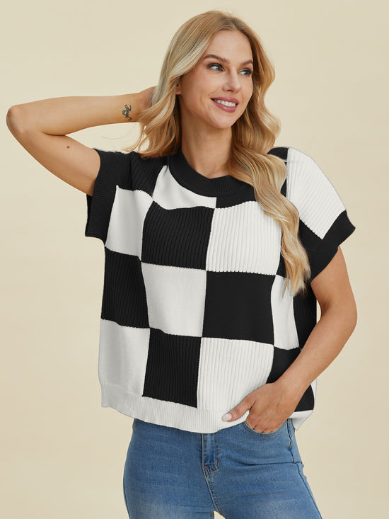 Double Take Full Size Checkered Round Neck Short Sleeve Sweater - MyEmpired