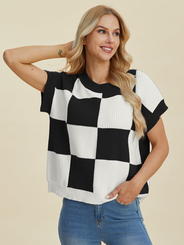 Double Take Full Size Checkered Round Neck Short Sleeve Sweater - MyEmpired