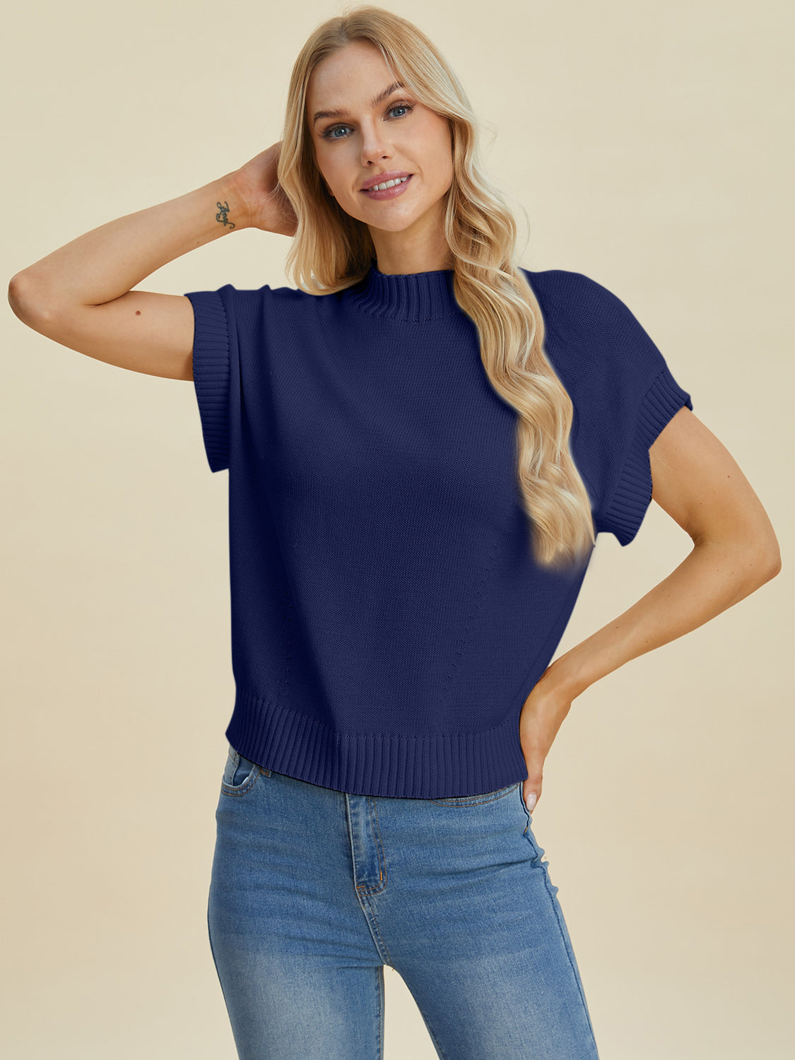 Double Take Full Size Mock Neck Short Sleeve Sweater - MyEmpired