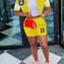 Letter Print Matching Two-piece Set, Color Block Jacket & Elastic Shorts Outfits, Women&