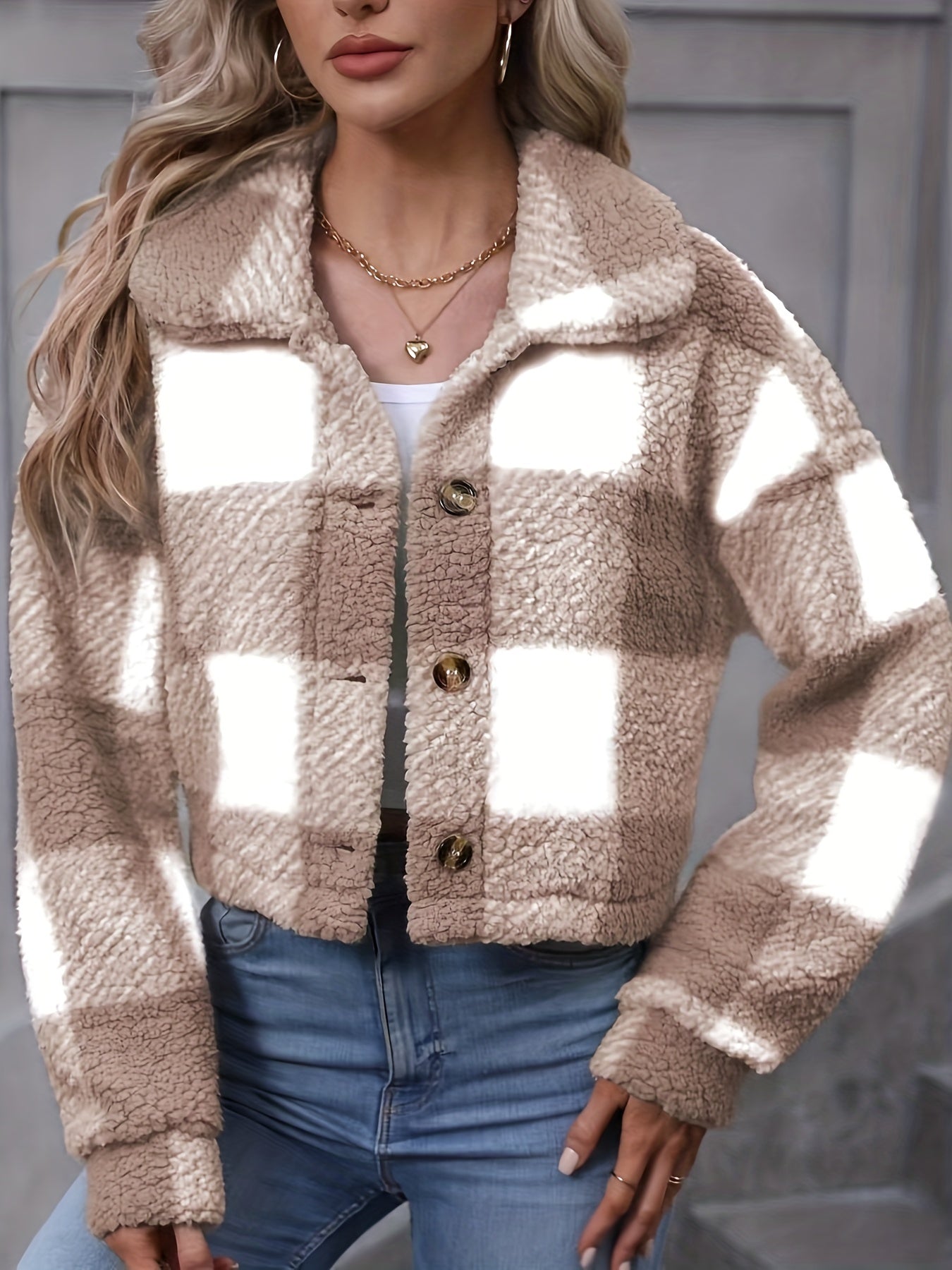 Plaid Teddy Coat, Casual Button Front Long Sleeve Winter Warm Outerwear, Women's Clothing