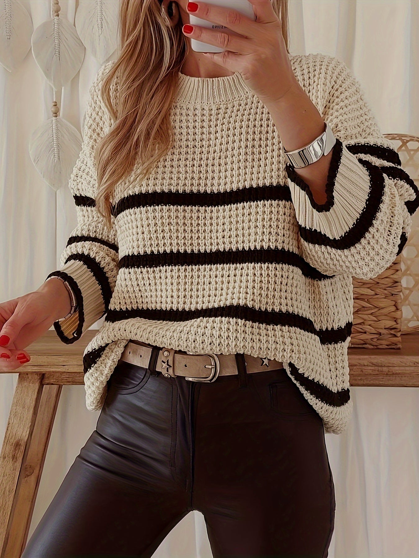 Striped Crew Neck Sweater, Elegant Waffle Knit Long Sleeve Sweater For Fall & Winter, Women's Clothing