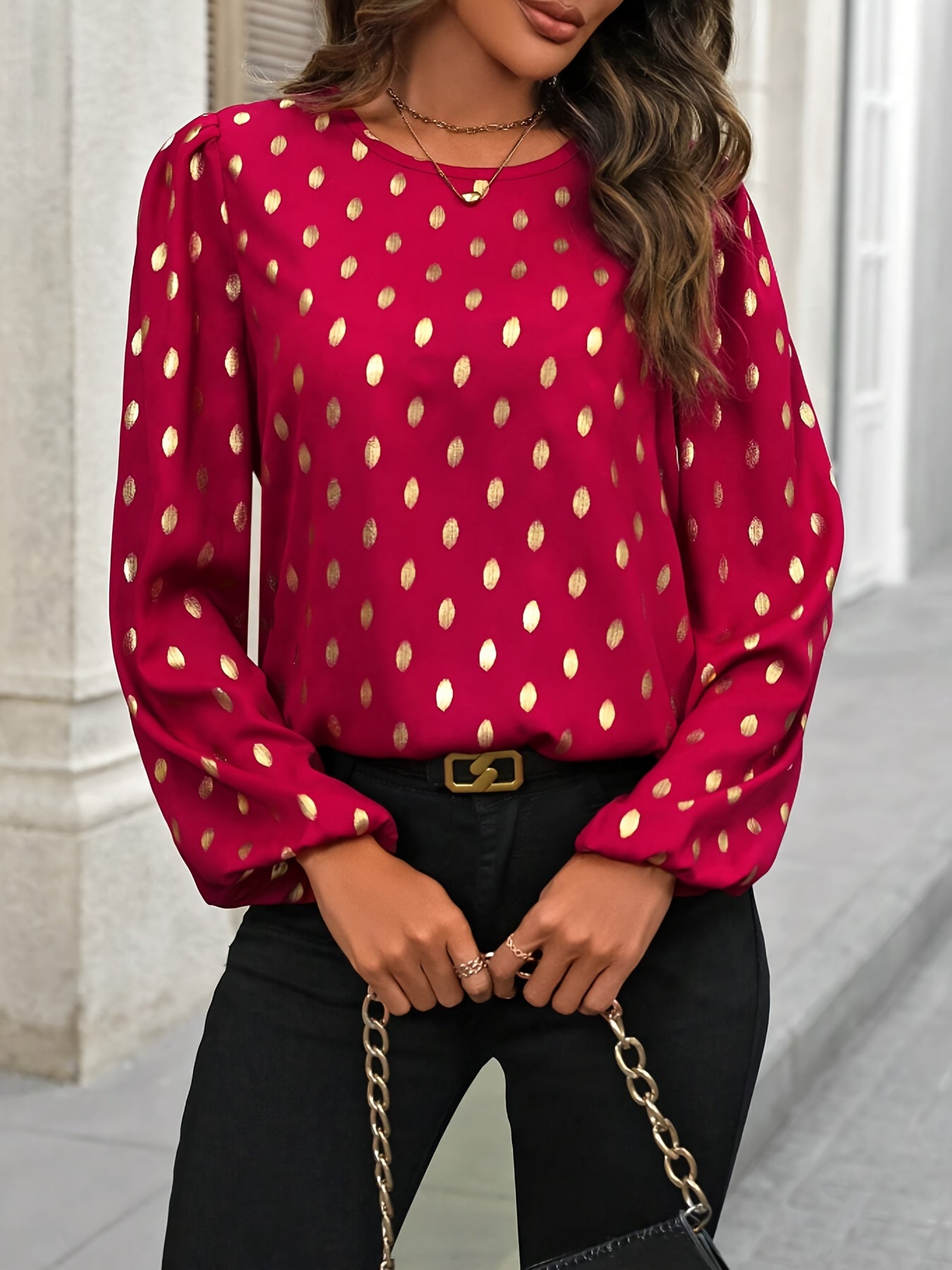 Allover Print Crew Neck Blouse,