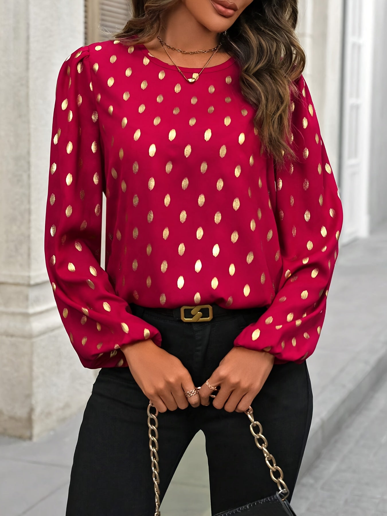 Allover Print Crew Neck Blouse, - MyEmpired