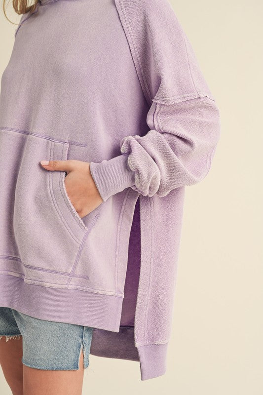 Aemi + Co Exposed Seam Side Slit Hoodie with Kangaroo Pocket - MyEmpired