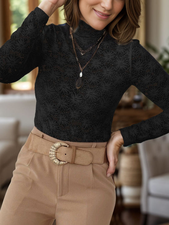 Lace Mock Neck Long Sleeve T-Shirt - MyEmpired