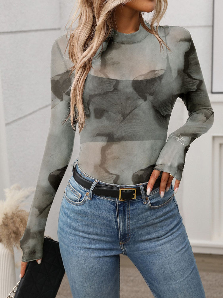 Printed Mock Neck Long Sleeve Mesh T-Shirt - MyEmpired