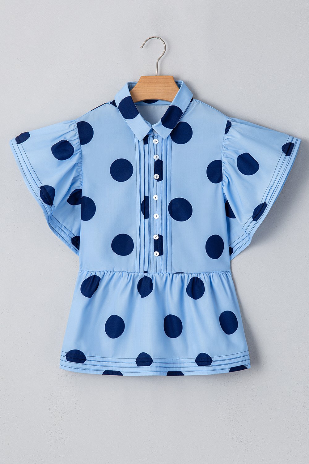 Polka Dot Print Ruffled Short Sleeve Buttoned Collared Blouse - MyEmpired