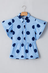 Polka Dot Print Ruffled Short Sleeve Buttoned Collared Blouse - MyEmpired