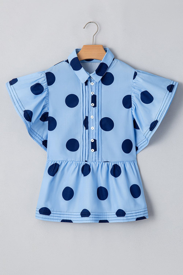 Polka Dot Print Ruffled Short Sleeve Buttoned Collared Blouse - MyEmpired