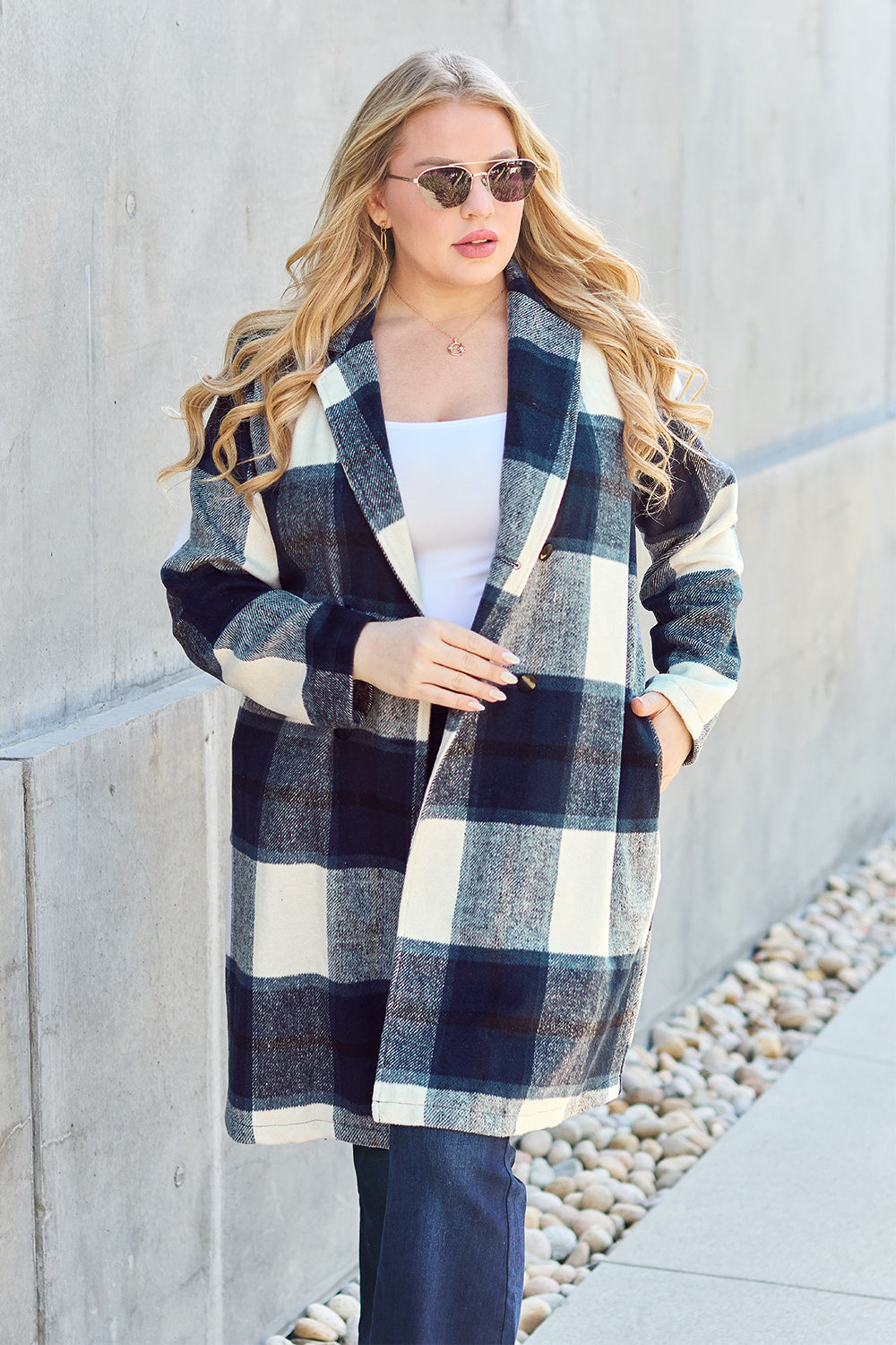 Double Take Full Size Plaid Button Up Lapel Collar Coat - MyEmpired