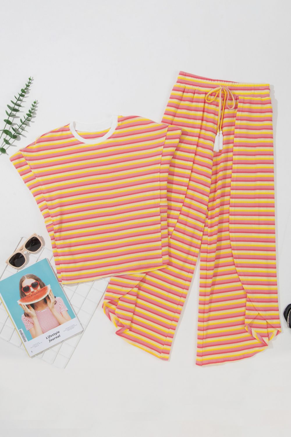 Striped Round Neck Short Sleeve Top and Pants Set - MyEmpired