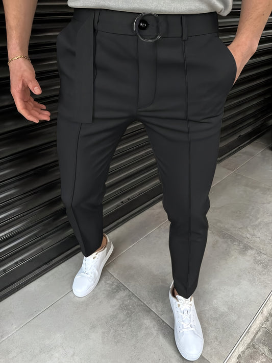 Men's Ribbed Suit Pants With Ring And Strap Design, Dress Pants With Elastic Waistband, Suitable For Spring & Autumn Formal And Casual Wear