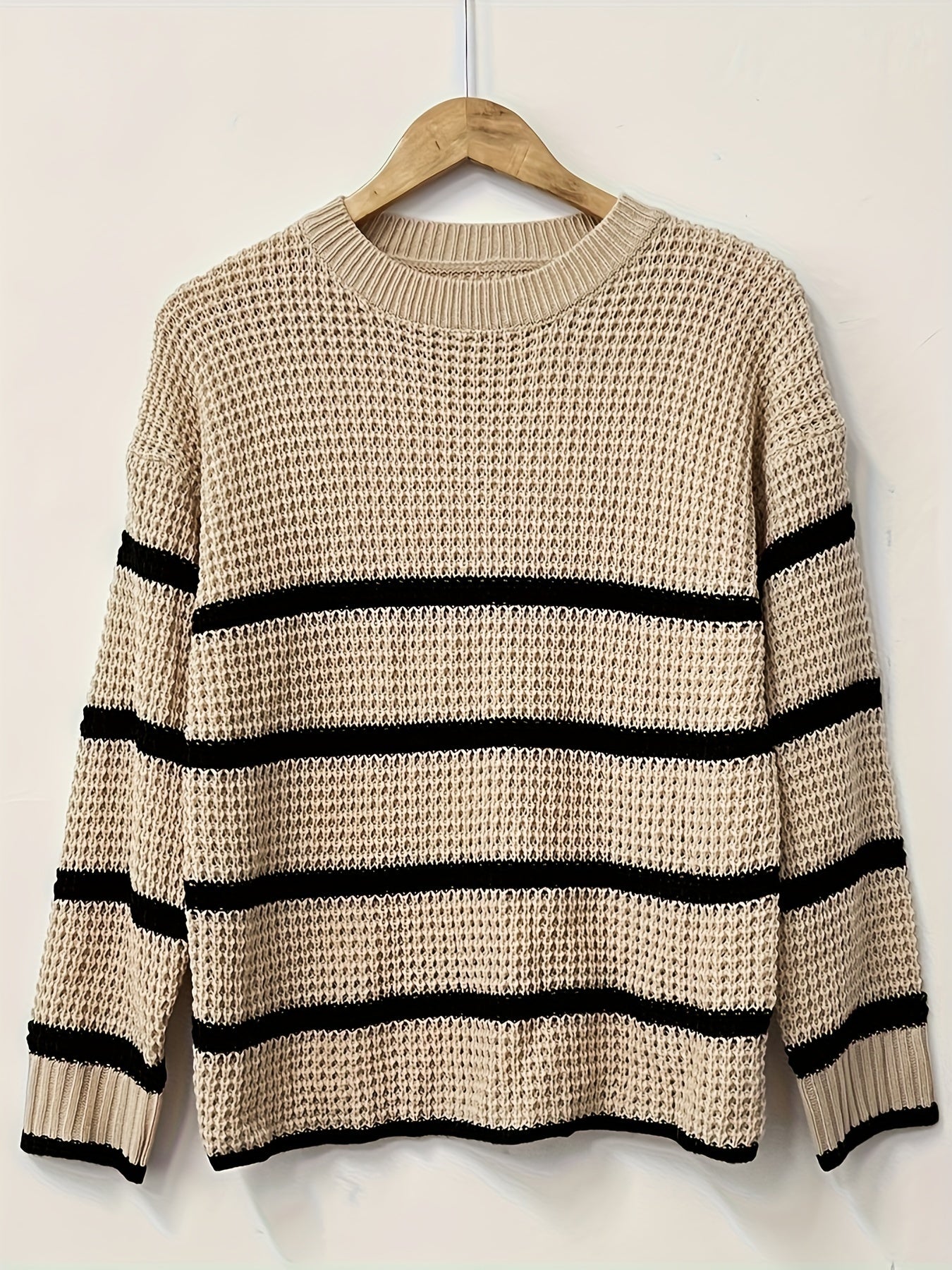 Striped Crew Neck Sweater, Elegant Waffle Knit Long Sleeve Sweater For Fall & Winter, Women's Clothing