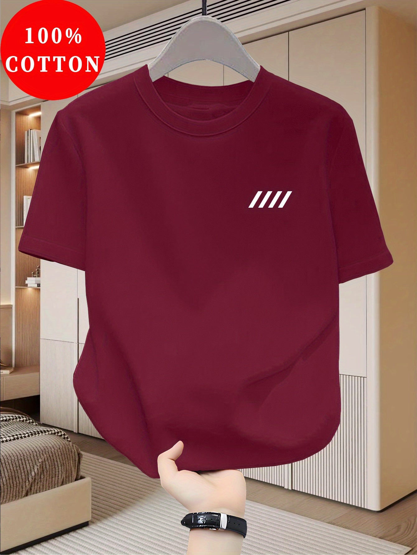 Men's 100% Cotton T-Shirt, Simple Print Design, Basic Cotton Top for Men, Suitable for Daily Summer Wear